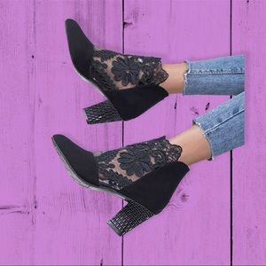 Embroidered lace chunky boots